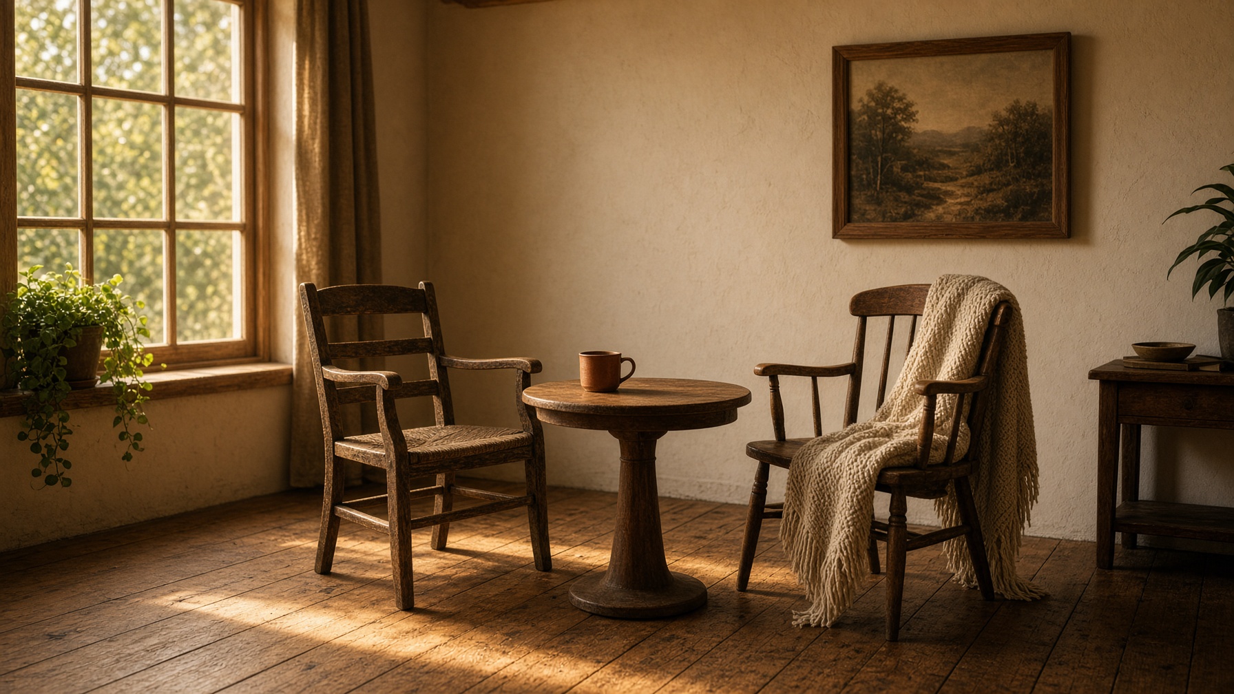 Two wooden chairs face each other in a sunlit cream room.