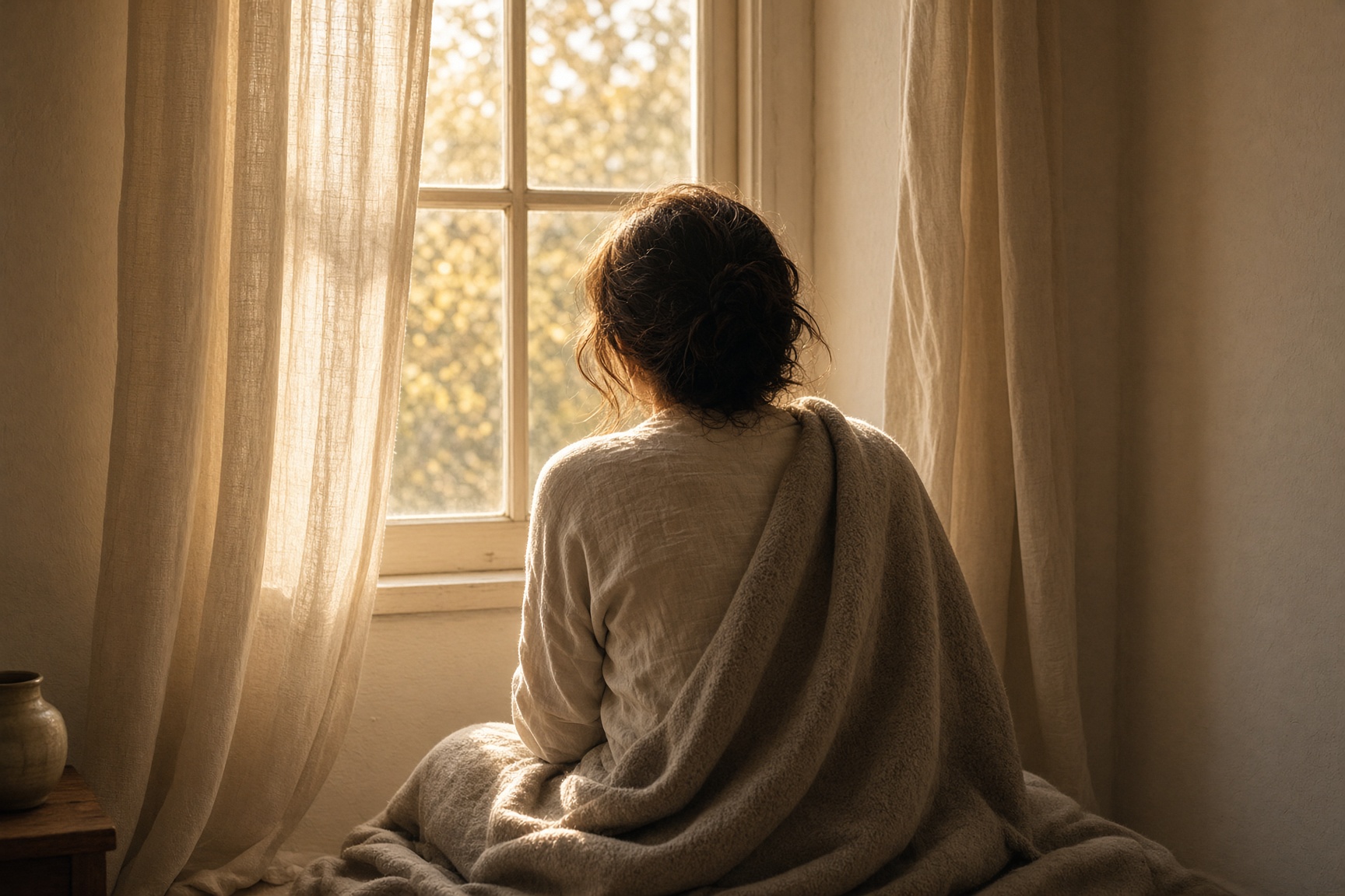 A person sits in a sunlit window with a wool blanket.
